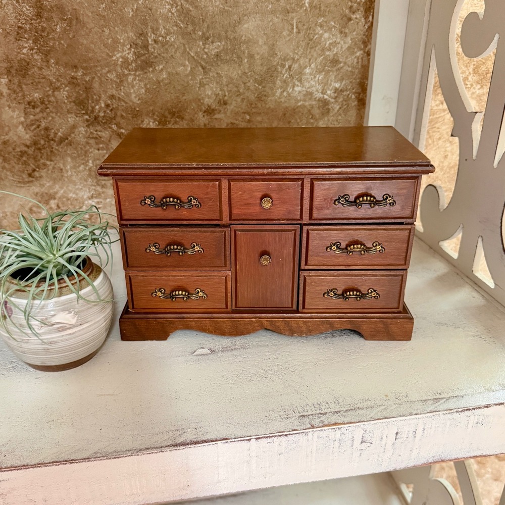 Vintage Wooden Jewelry Box Miniature Dresser Chest Mirror Ring Drawer Organizer